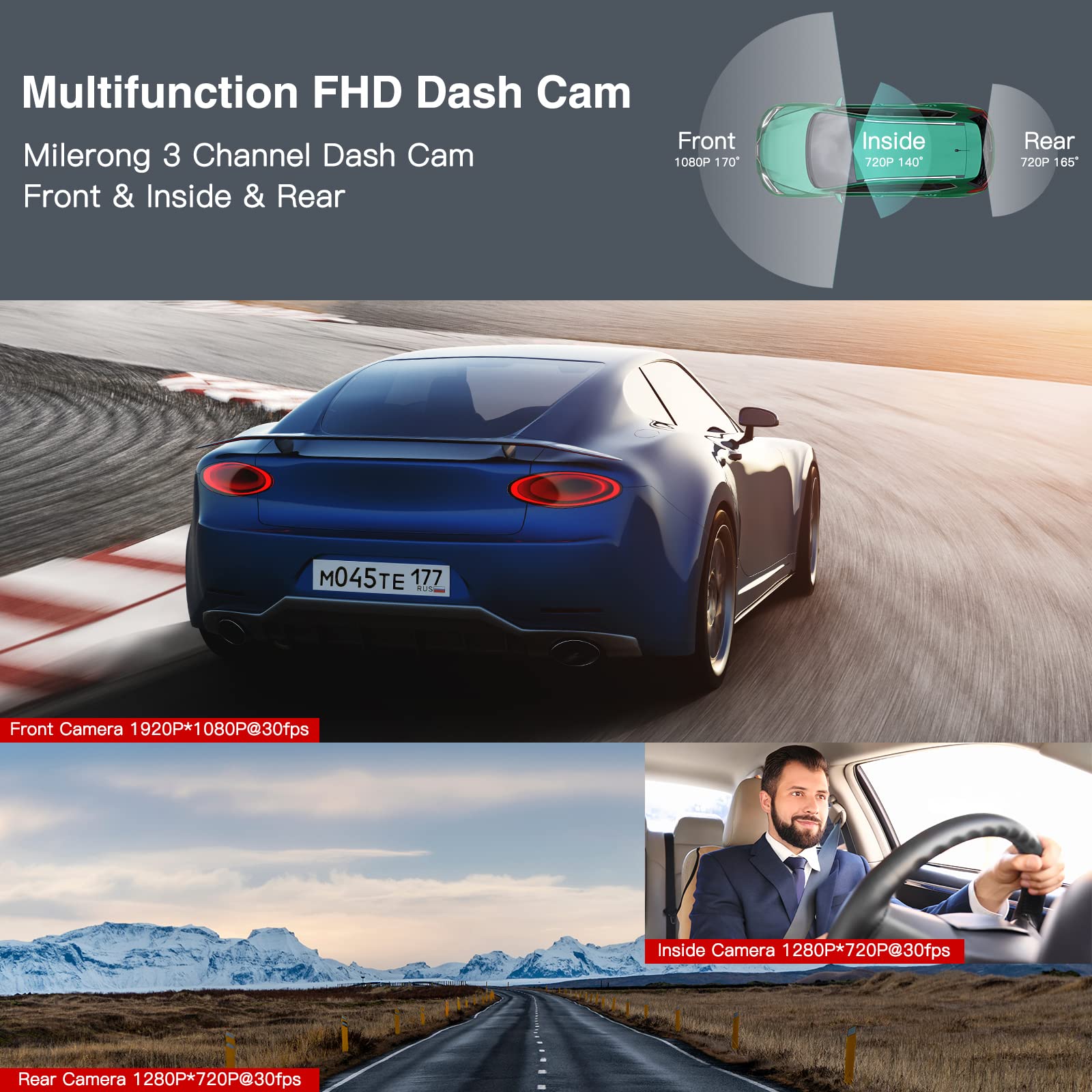 3 Channel Dash Cam Front and Rear Inside with 64GB Card,Milerong 1080P Dash Camera for Cars,Dashcam Three Way Triple Car Camera with IR Night Vision,Loop Recording,G-Sensor,24H Parking Mode…
