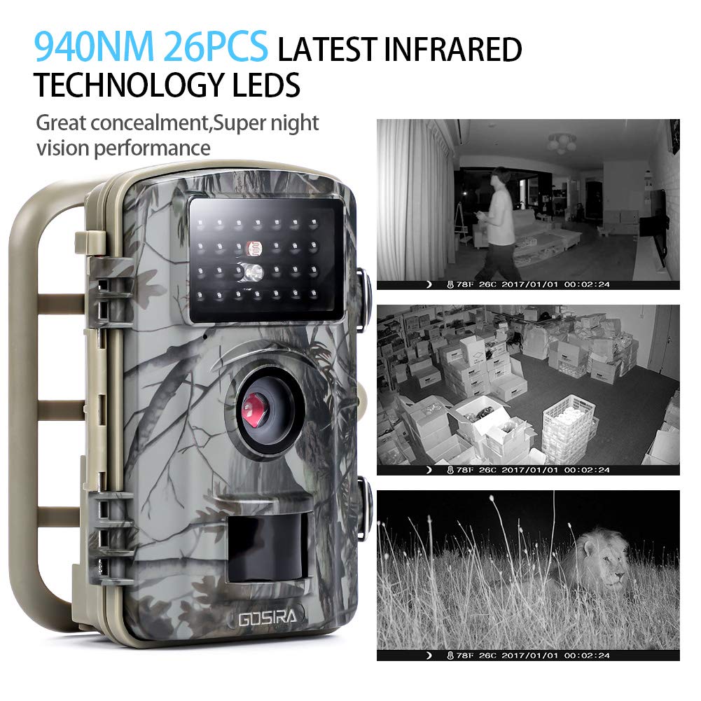 Gosira Trail Camera Motion Activated 12MP HD 1080P Wildlife Hunting 0.5s Trigger 940nm Updated IR LED No Flash Night Vision 15M IP66 Waterproof Game Cam Wide Senor 90° detection Outdoor Nature Home