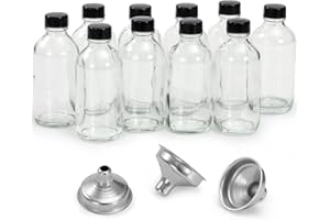 AOZITA 10 Pack, 4 oz Small Clear Glass Bottles w/Lids & 3 Stainless Steel Funnel - 120ml Boston Round Sample Bottle for Potion, Juice, Ginger Shot, Wellness, Oils, Whiskey, Liquids - Leakproof Travel Bottle