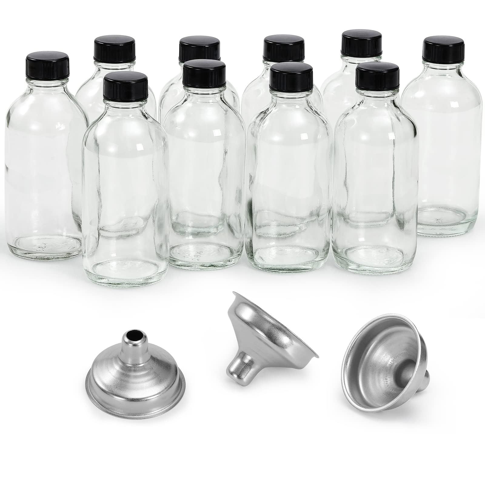 Photo 1 of 10 Pack, 4 oz Small Clear Glass Bottles w/Lids & 3 Stainless Steel Funnel - 120ml Boston Round Sample Bottle for Potion, Juice, Ginger Shot, Wellness, Oils, Whiskey, Liquids - Leakproof Travel Bottle