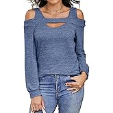 LYKSAW Women's Cold Shoulder Hollow Out Long Sleeve Blouse Tunic Tops Casual Pullover T Shirts