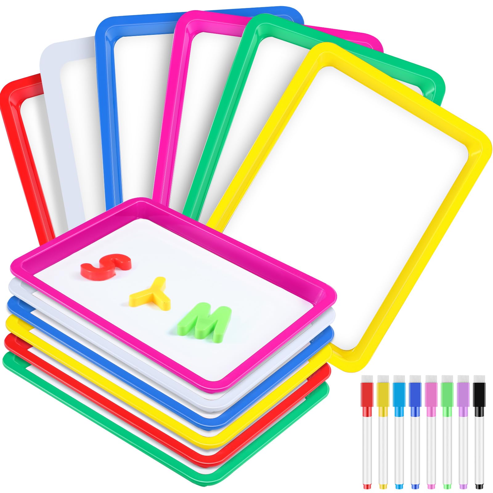 Photo 1 of Briwooody Magnetic Dry Erase Activity Trays Set 9.44 x 13 Inches Classroom Stackable Magnetic Trays with 8 Colorful Dry Erase Markers Letter White Board for Kid Teacher Supplies(12 Pcs,Bright Colors)