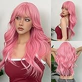 Tumhorn Long Pink Wavy Wigs for Women Natural Curly Synthetic Wig with Bangs 26 inch Heat Resistant Fiber Wigs for Daily Party Use