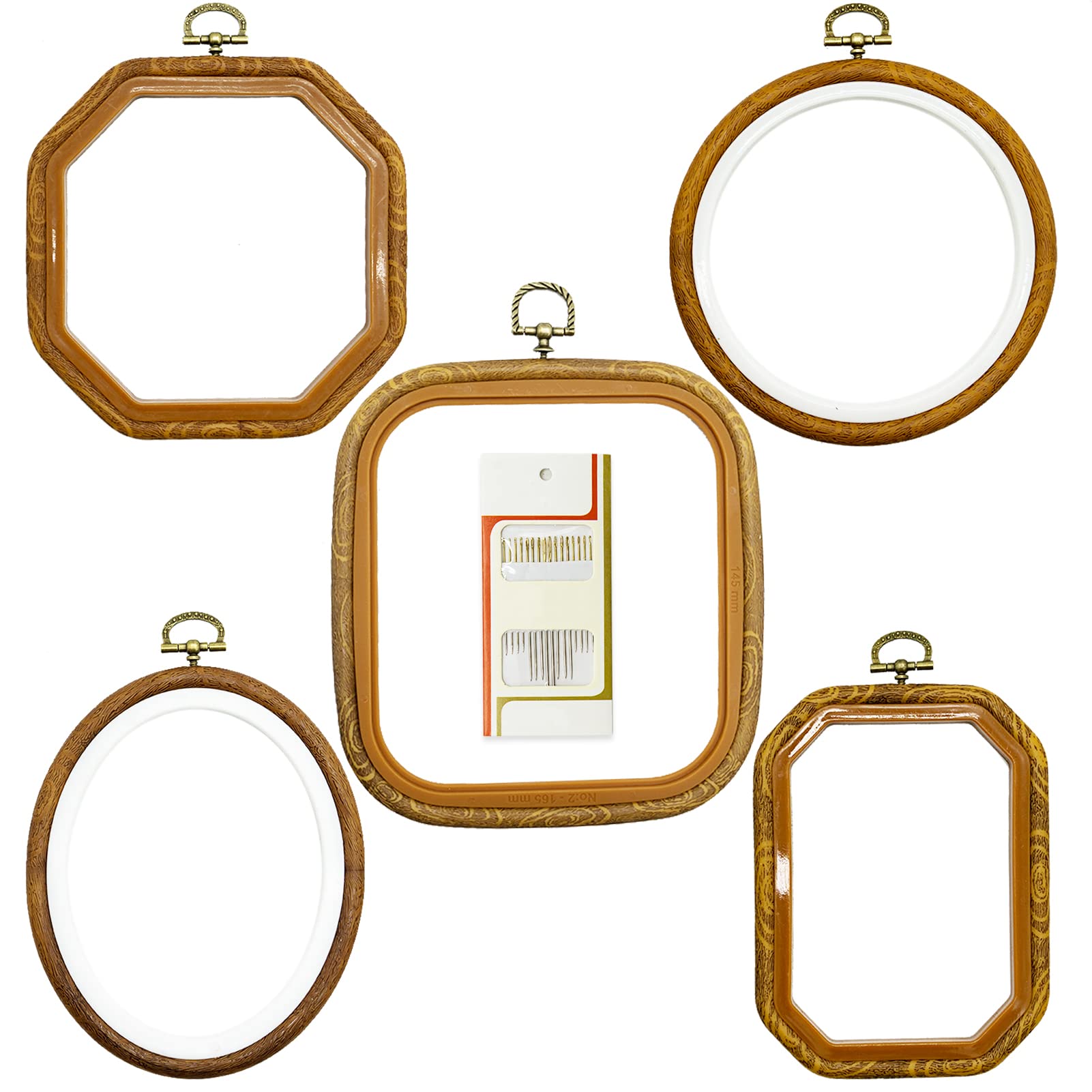 5 Sizes Imitated Wood Multiple Shapes Embroidery Hoop Set Plastic Circle Cross Stitch Hoop Rings for DIY Craft Sewing,Including 16pcs Gold Eye Sewing Needles