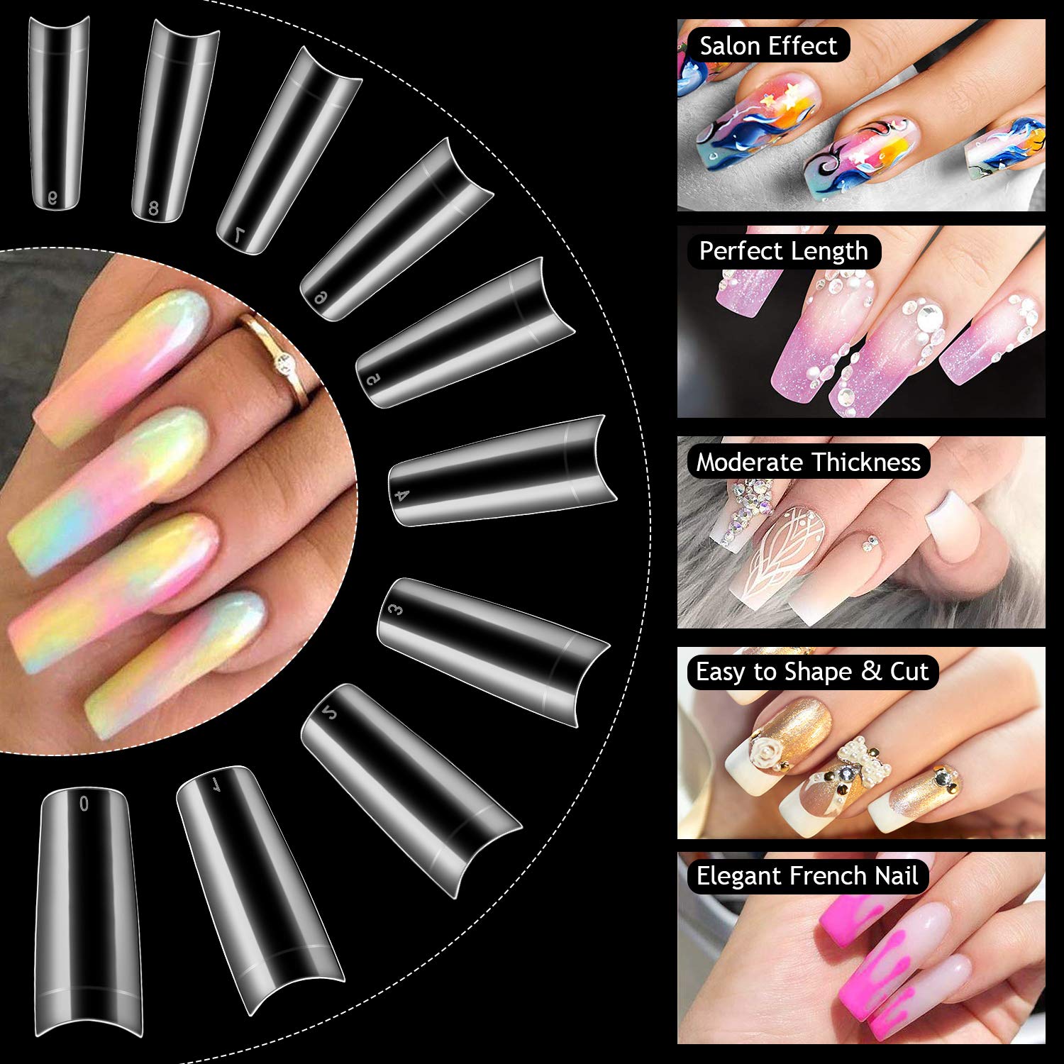 French False Nail Tips, iBealous 500pcs Acrylic Coffin Fake Nails Half Cover with Box for Nail Salons and DIY Nail Art, 10 Sizes (Clear): Beauty