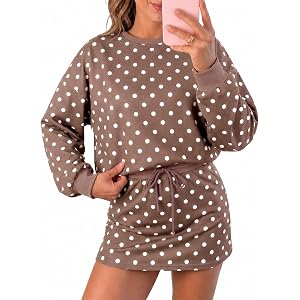 Wenrine Womens Polka Dot 2 Piece Skirt Sets Drawstring Skorts Workout Set | Long Sleeve Sweatshirt, Shorts Skirt with Pocket,