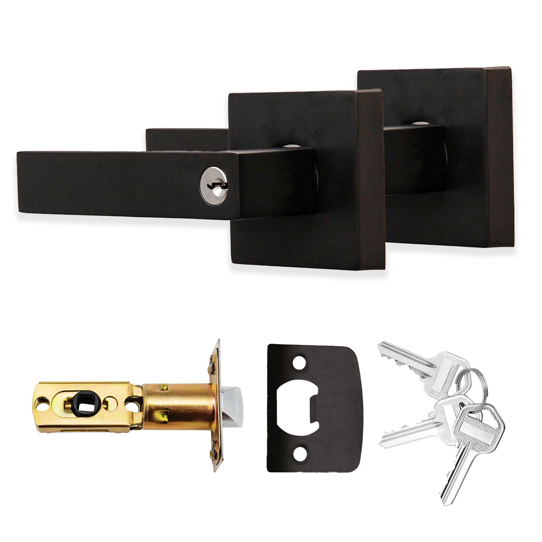 XFORT Quad Entrance Knob Set Matt Black, Door Knob with Lock for Internal Wooden Doors, Complete Set with Tubular Latch and 3 Keys