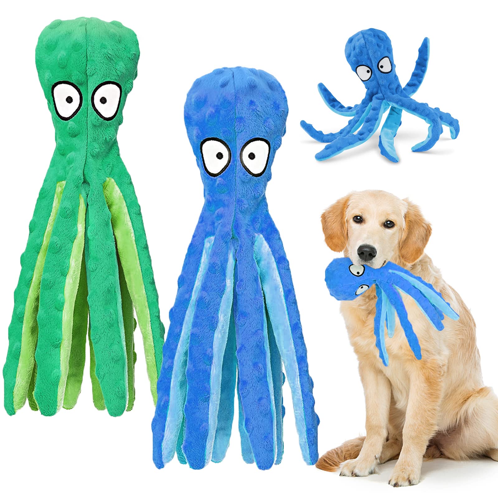 WanderGo Squeaky Octopus Dog Toys - 2 PCS Plush and Crinkle Paper Soft Toy for Teeth Cleaning - Large and Medium Dogs (Blue+Green)