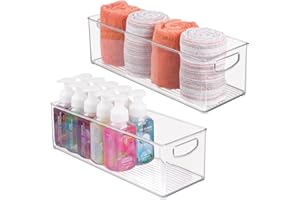 mDesign Plastic Toiletry Organizer for Bathroom - Storage Holder Bin w/Handles for Vanity, Drawers, Dresser - Holds Hair Products, Makeup, Lotion, Skincare and More - Ligne Collection - 2 Pack, Clear