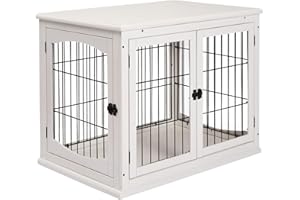 PawHut Dog Crate Furniture, Small Dog Cage End Table with Two Opening Sides, Lockable Door, Puppy Kennel Indoor, Cute and Decorative, Pure White