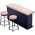 SUCCUNA Dollhouse Furniture Mini Wooden Pub Table Set Miniature Bar Counter Chairs with Tiny Wine Bottle Magazine for Home Desktop Craft Decor Props