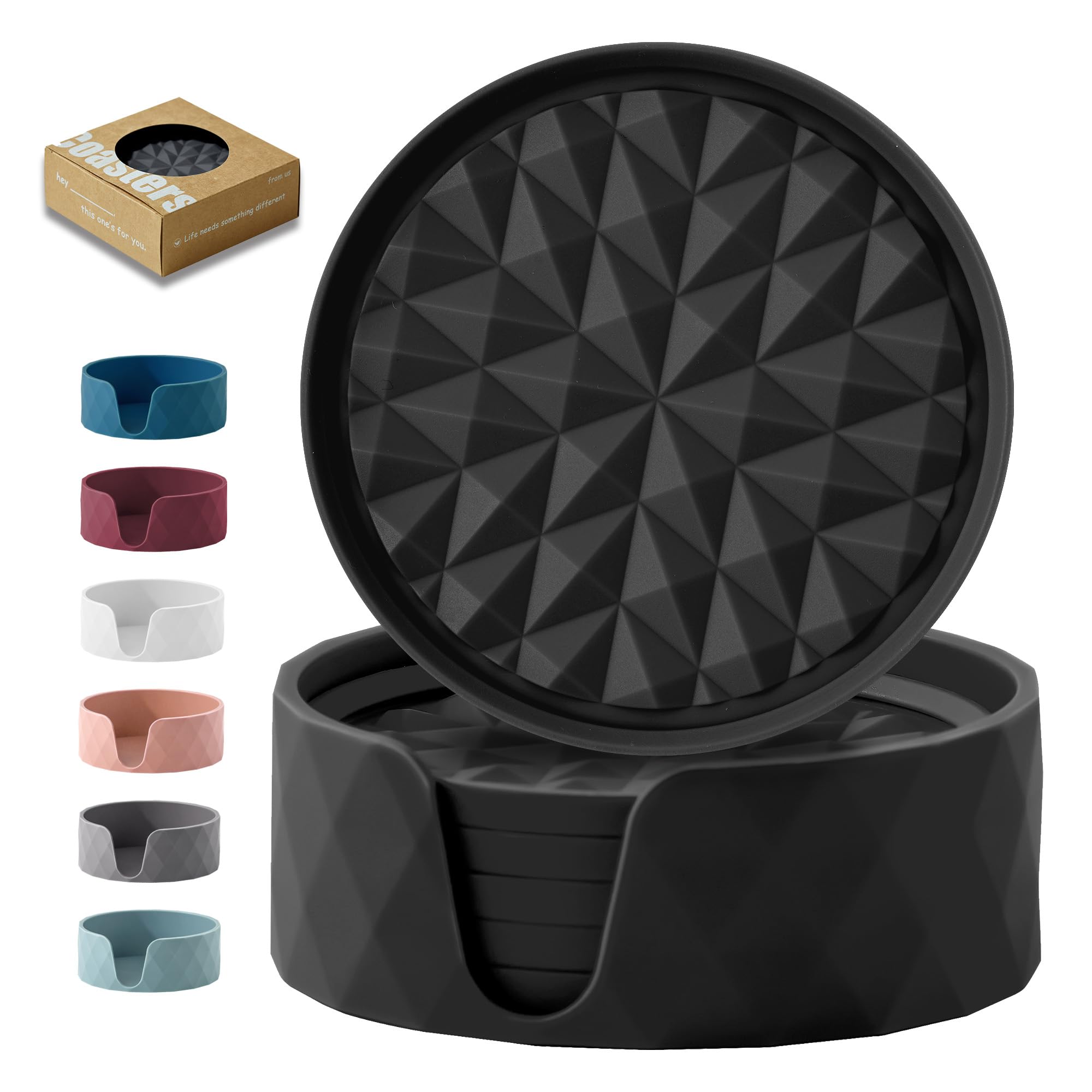 Wingcases Silicone Coasters for Drinks[6 pcs]- Cup Mat with Holder for Tabletop Protection-Non-Slip, Non-Stick, Coffee Table Decor, Great Gift for Any Occasion, Black