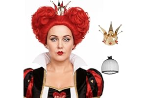 Probeauty Red Curly Wigs with Crown, Synthetic Hair Anime Queen Wig, Red Hearts Halloween Cosplay Wig + Wig Cap
