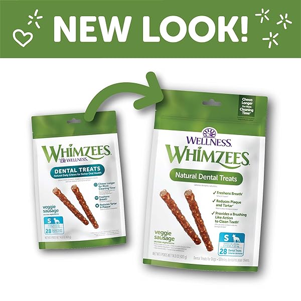 WELLNESS WHIMZEES VEGGIE SAUSAGE DOG DENTAL TREAT, CHEWS, FRESHENS BREATH, SMALL SIZE, 14.81 OZ BAG, 28 COUNT