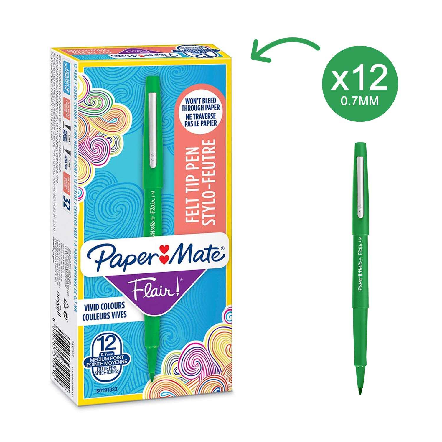 Paper Mate Flair Felt Tip Pens, Medium Point (0.7mm), Green, Box of 12