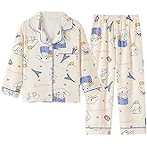 Satdflie 2 Piece Pajamas Set Petite Women Sleepwear Cartoon Printed Nightwear Cotton Long Sleeve Shirt Pants Sets