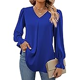 Funlingo Women's 2025 Long Sleeve Tops Dressy Casual V Neck Tunic Shirts Loose Chiffon Work Blouse