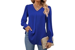 Funlingo Women's 2024 Long Sleeve Tops Dressy Casual V Neck Tunic Shirts Loose Chiffon Work Blouse