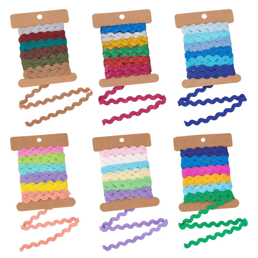 NBEADS About 36 Yards 6 Cards Colorful Wave Bending Fringe Trim, Rickrack Trim Lace Ribbon Polyester Webbing Ribbons for DIY Clothes Dress Gift Wrapping Home Wedding Party Decoration