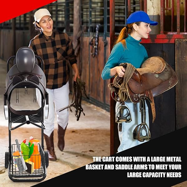 DAISYINNER ROLLING SADDLE CART WITH WHEEL, HEAVY DUTY SADDLE RACK DOLLY HORSE EQUIPMENT CART FOLDABLE HORSE TACK FOR STORAGE MOVING ORGANIZE TRANSPORT SUPPLIES(REMOVABLE RACK)