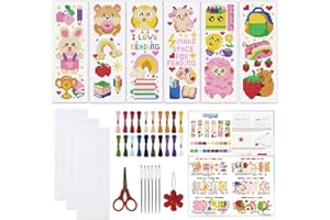 ORIGACH 6 Set Cartoon Animal & Reading Elements Cross Stitch Bookmark Kit for Beginner with Backing Felt Floss Instructions DIY Stamped Embroidery Bookmark Kit for Adults, Book Lovers