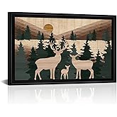 Visual Art Decor Deer Wall Art Cabin Wall Decor Minimalist Mountain Painting, Black Frame 16x24inch Rustic Farmhouse Living Room Bedroom Office Decoration