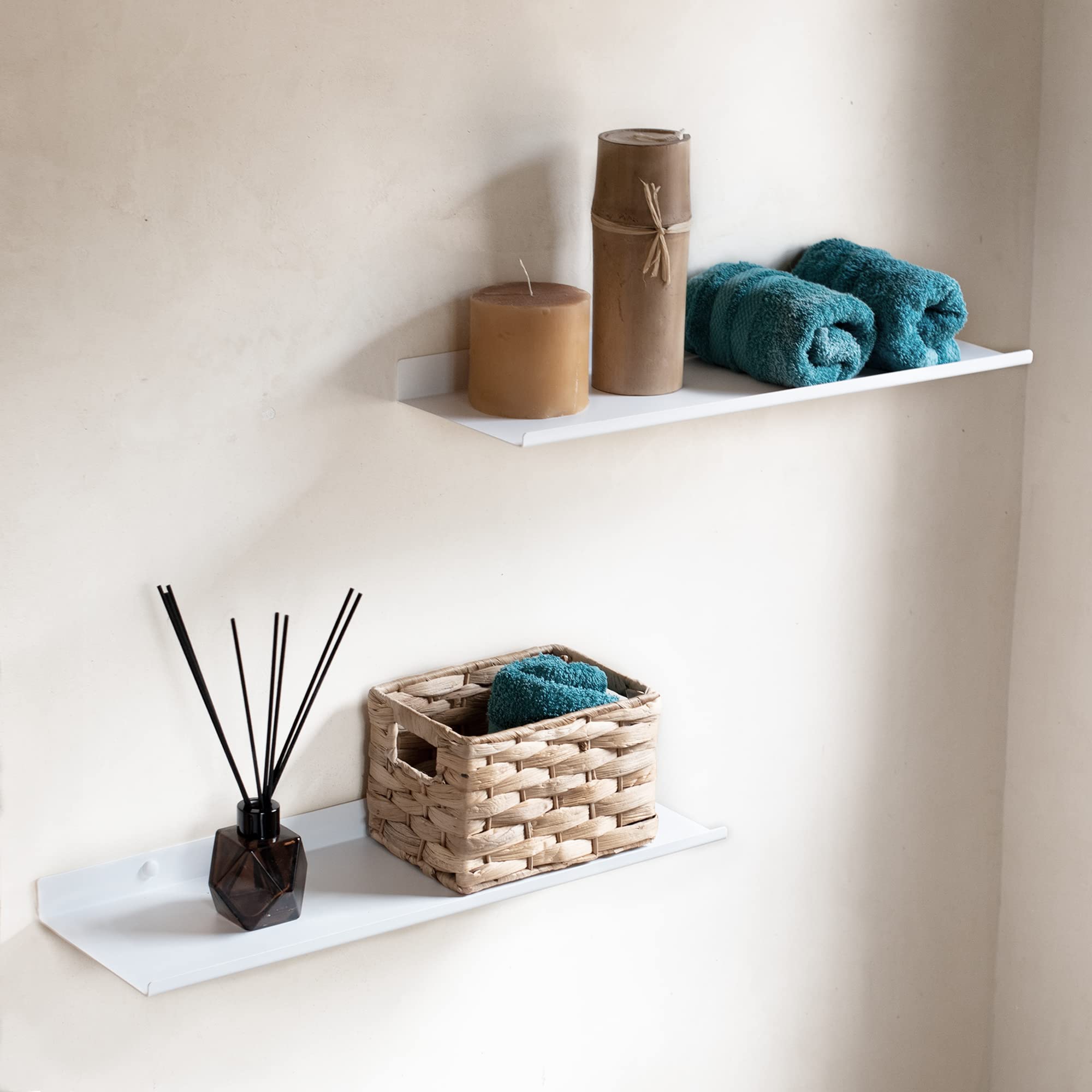 MILUKA Set 2 Floating Shelves White Metal Shelves for Wall Floating Shelf for Picture Shelf Ledge, Photo Shelf, Bedroom Shelves, Kitchen Storage in Home Decor Wall Shelf (2,White), 50 x 15 x 3 cm