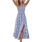 CUPSHE Women's Maxi Dress Casual Smocked Straps Paisley Ruffled Slit A Line Long Beach Summer Dress
