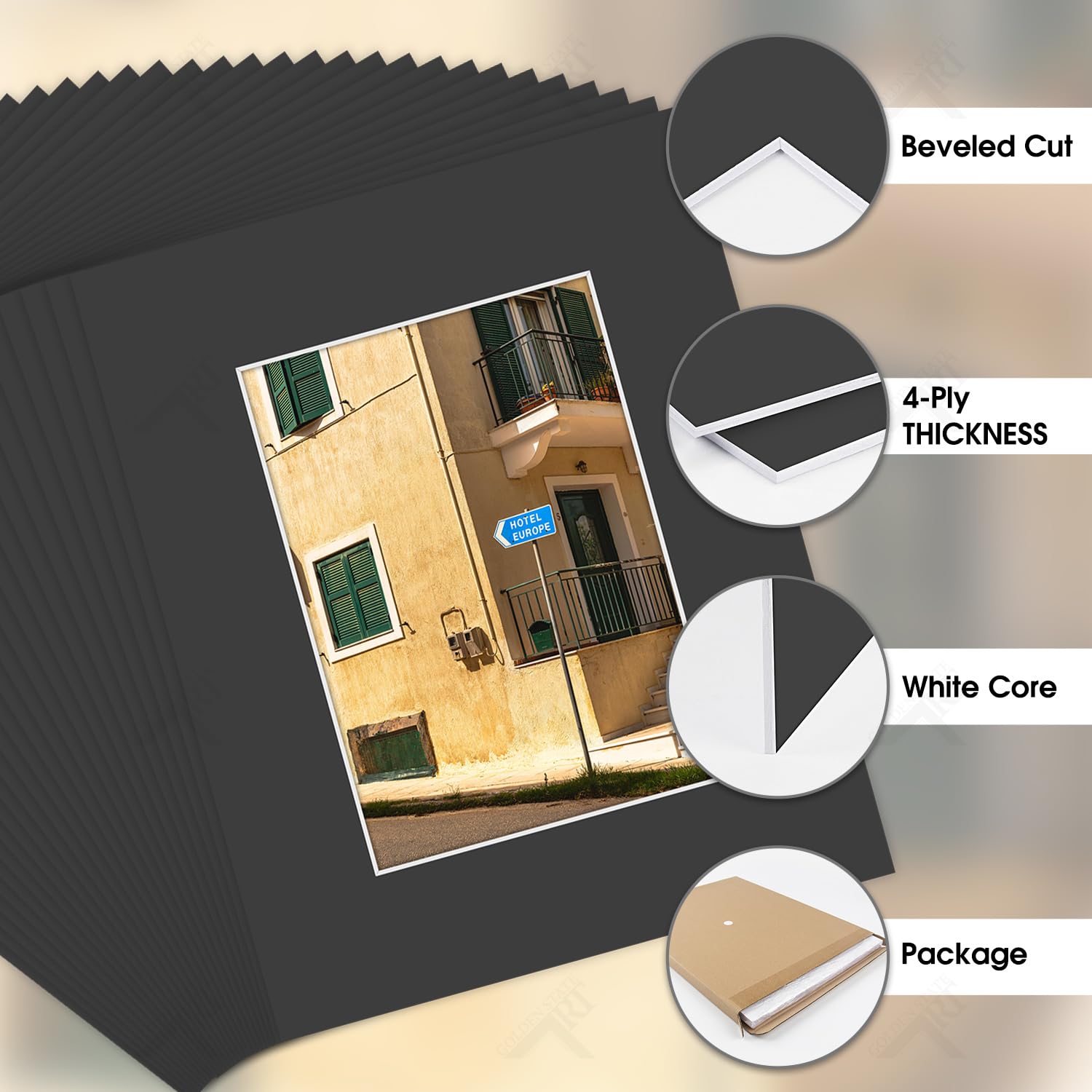 Golden State Art Pack of 50, Acid-Free Black Pre-Cut 8x10 Picture Mat for 5x7 Photo with White Core Bevel Cut Frame Mattes