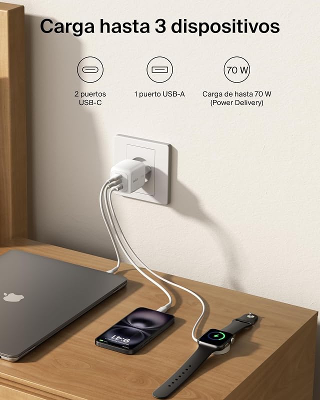 BoostCharge Pro Cargador USB-C GAN 70W, 3 Puertos y Adaptadores
