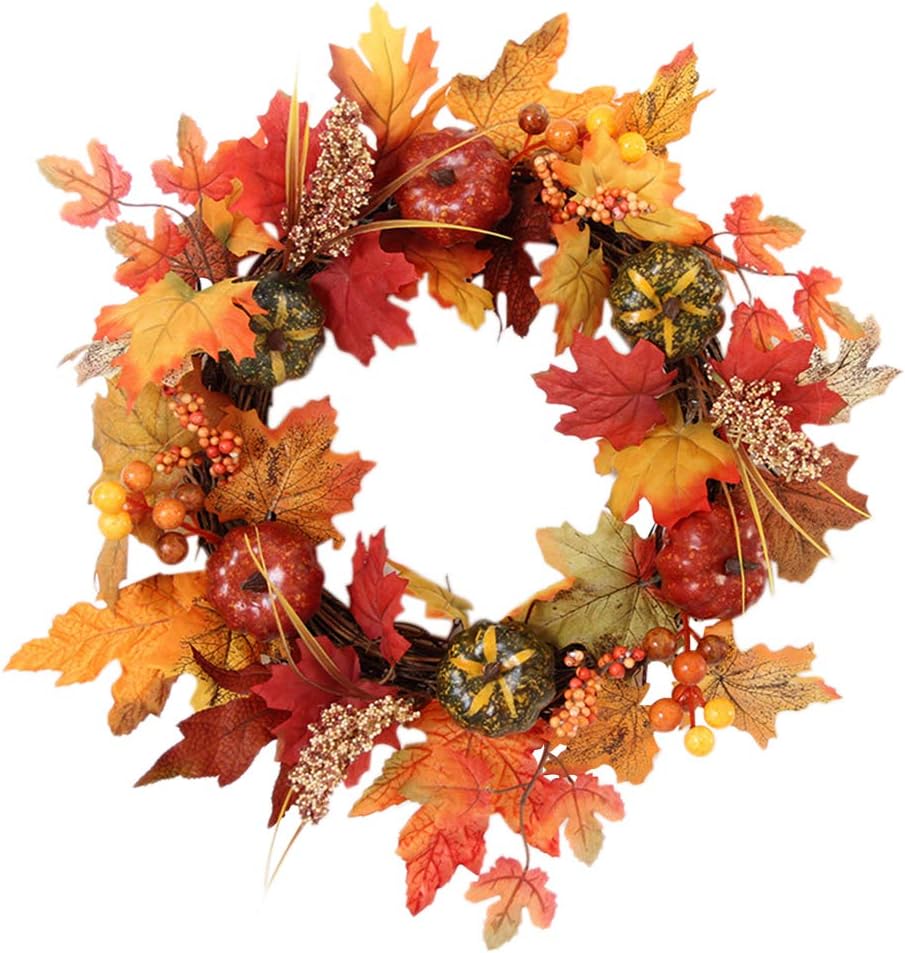 BRKURLEG 16inch Wreaths, Thanksgiving Day Autumn Maple Leaf Pumpkin, Maple Leaves, Berry Wreath Halloween Front Door Home Decor Christmas Artificial Wreath Front Door Decoration