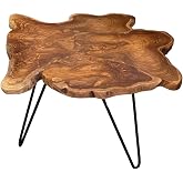 East at Main 31.5-Inch Live Edge Teak Coffee Table, Natural Wood | Puzzle-joined solid teak top, black metal hairpin legs, rustic modern living room centerpiece, handcrafted natural finish