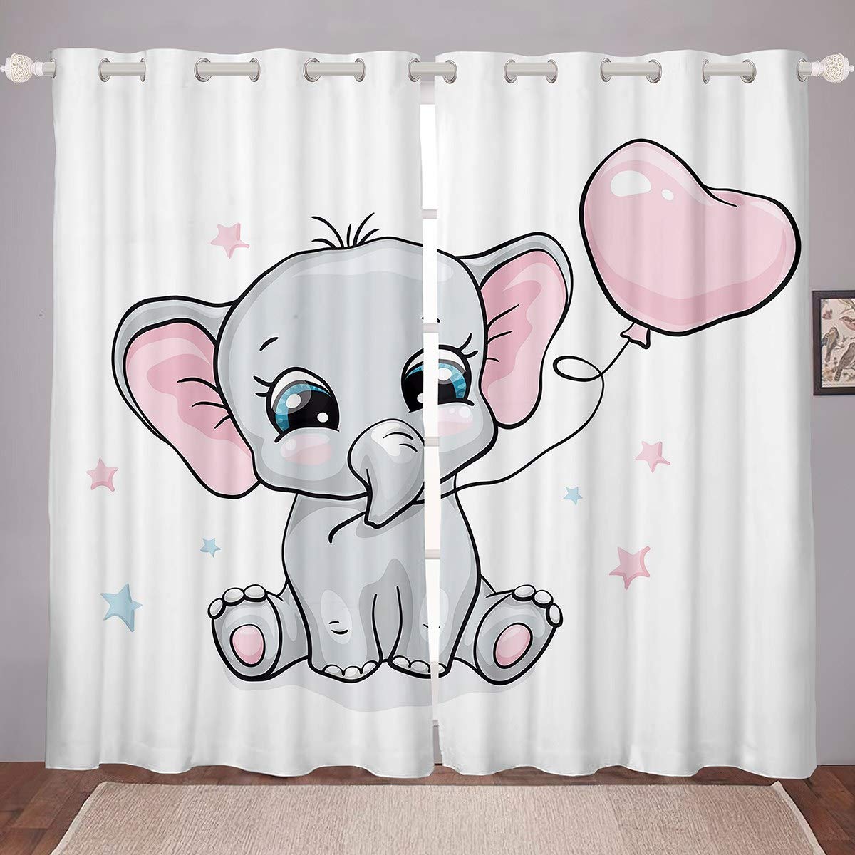Loussiesd Elephant Curtains for Bedroom Living Room Cute Baby Elephant Curtains for Kids Boys Girls Cartoon Elephant Printed Windows Drapes Cute Animal Room Decoration, W46*L54