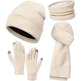 ShinyMatch 4 Pcs Winter Warm Beanie Hat Scarf Gloves Neck Gaiter Set, Knit Hat Gloves Warmer Long Scarf for Men, Women
