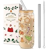 Joeyan Christmas Glass Cups,Tumbler with Lid and Straw,Holly Gingerbread Man Iced Coffee Cups,Cute Can Shaped Beer Smoothie Drinking Glasses,Aesthetic Decoration Gift For Women Mom Friend,20 oz