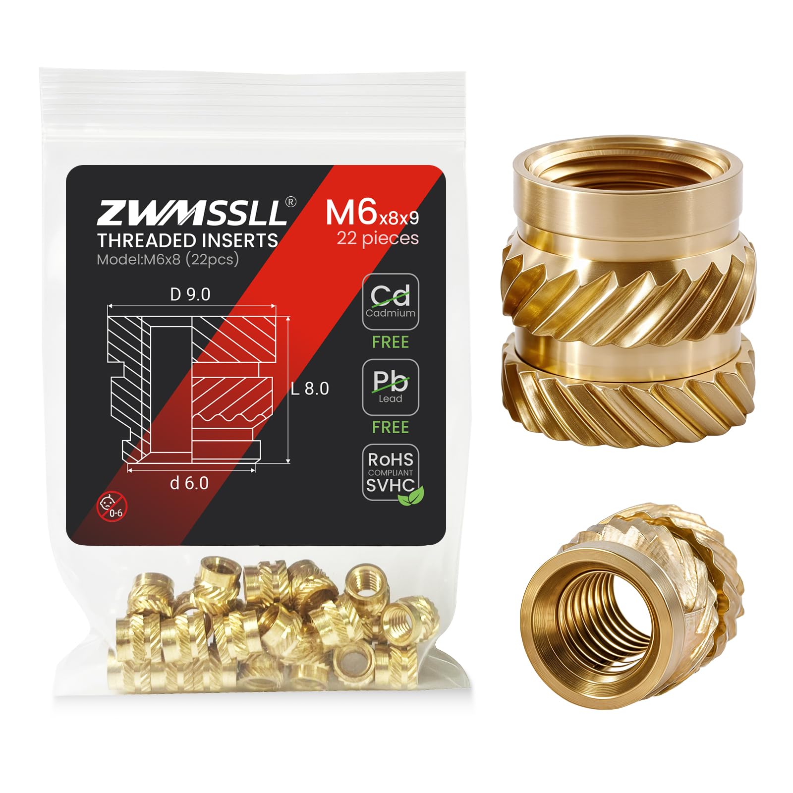 Zwmssll M6 Threaded Inserts Heat Set Insert,22