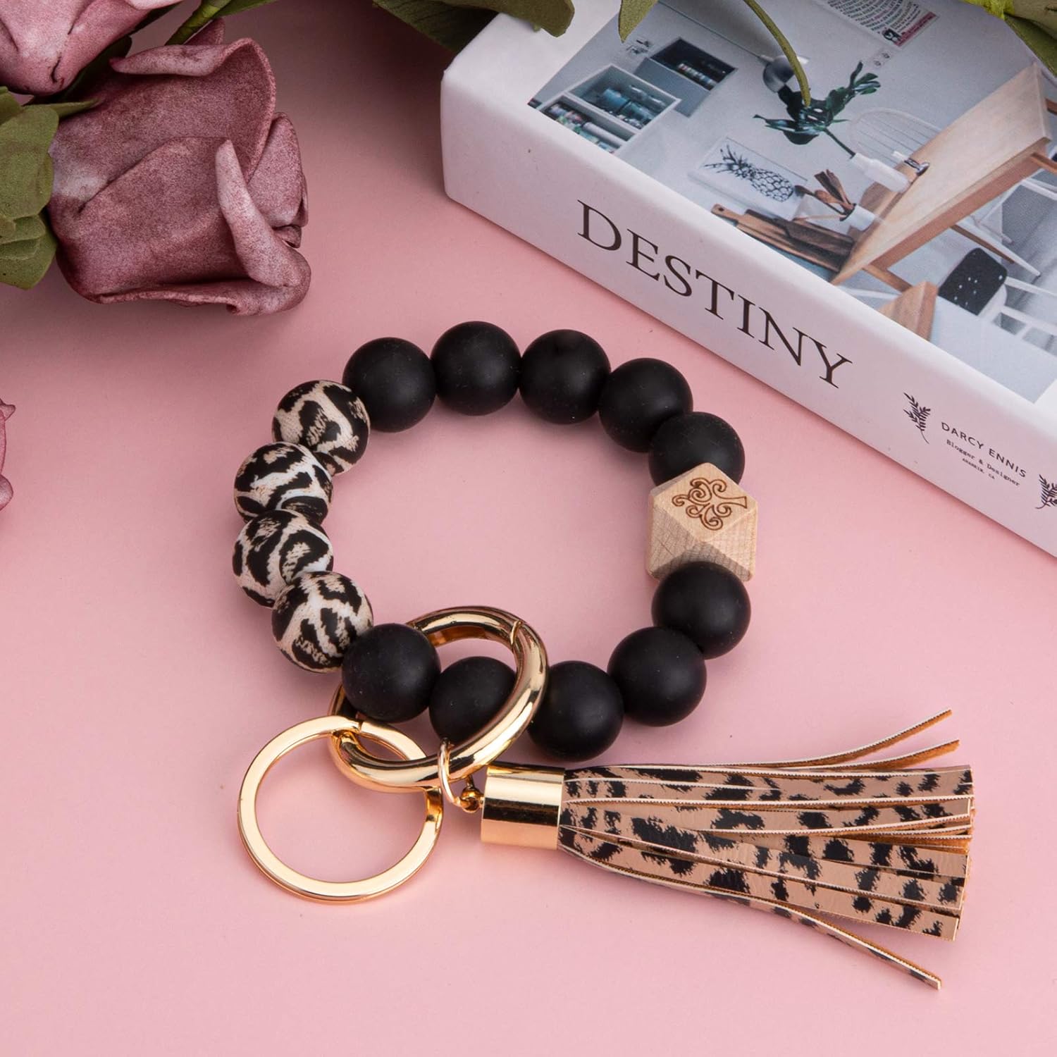 JIANYI Keychain Bracelet, Tassel Key Chain Silicone Wooden Beaded Wristlet Bangle, Portable Car Key Ring Holder (leopard, large): Clothing