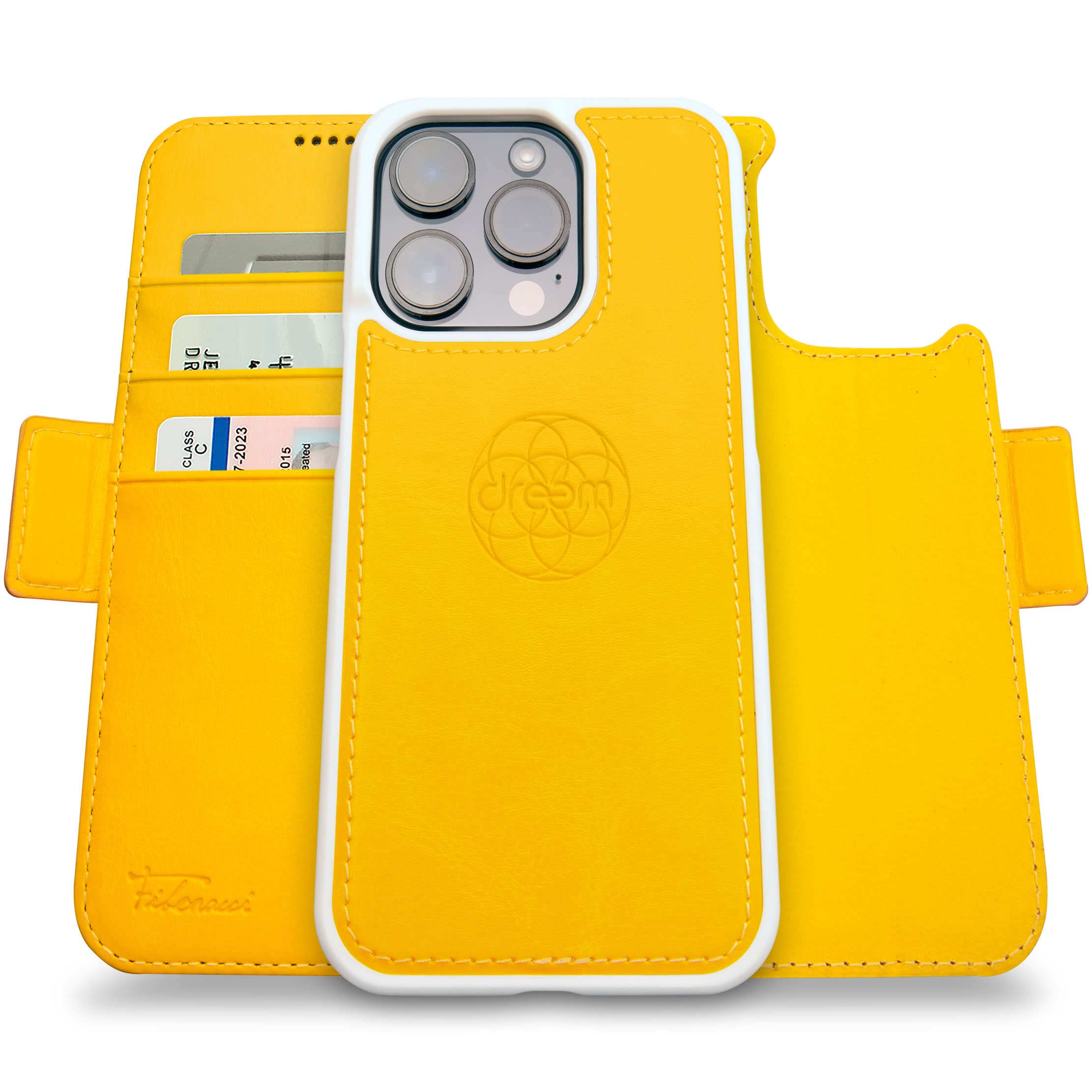 dreem Wallet Case for iPhone 14 Pro, 2 Way Phone Stand, Magnetic Detachable Vegan Leather Flip Cover RFID Blocking Card Holder, MagSafe-Fit, Gift Box [Fibonacci: Yellow]