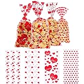 Avxdbr 100 Pack Valentine Treat Bags Clear Plastic Gift Bags Red Heart Favor Bags with Gold Twist Ties Cookie Candy Bags for Valentine Party Wedding Birthday