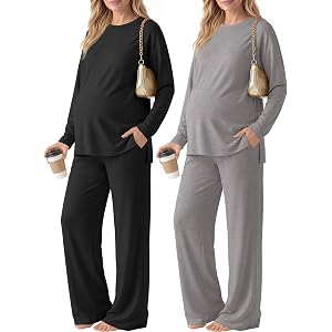 Huukeay 2 Pack Maternity Long Sleeve Pajamas Sets | Oversized, Matching Outfits, Lounge Tops, Wide Leg Pants, Pockets, Crew N