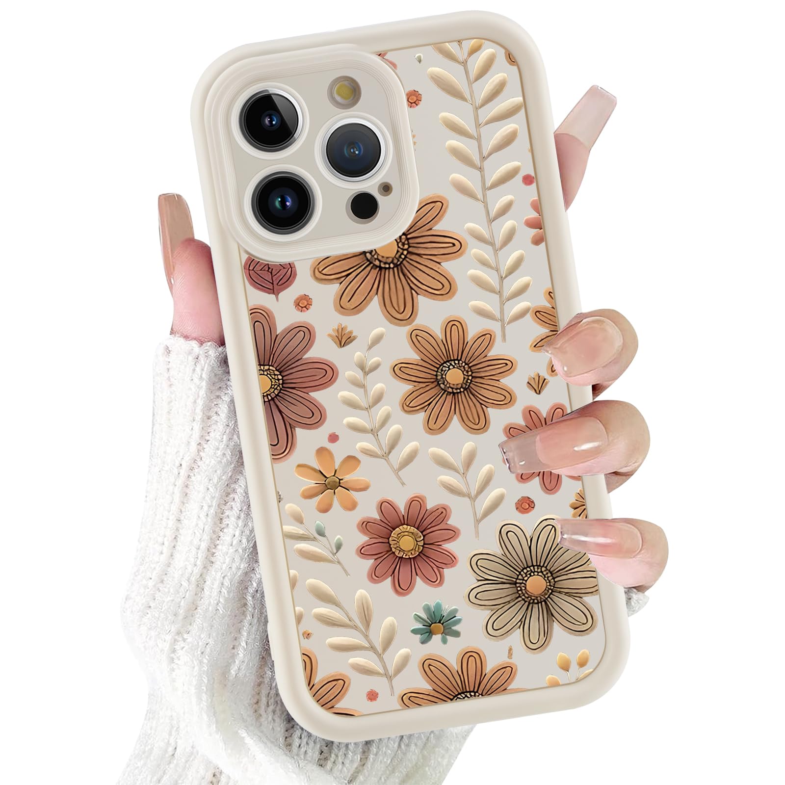 Cinysnt Cute Flower Phone Case for iPhone 14 Pro Off-white Fall Floral Leaf Case 6.1", Aesthetic Autumn Pattern Print Design Cover Full Camera Lens Protective Shockproof Soft TPU Funda for Women Girls