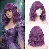 DWMGLP 14" Short Purple Curly Wig For Women Girls Heat Resistant Fiber Wigs Halloween Cosplay Daily Party+Cap (Purple)