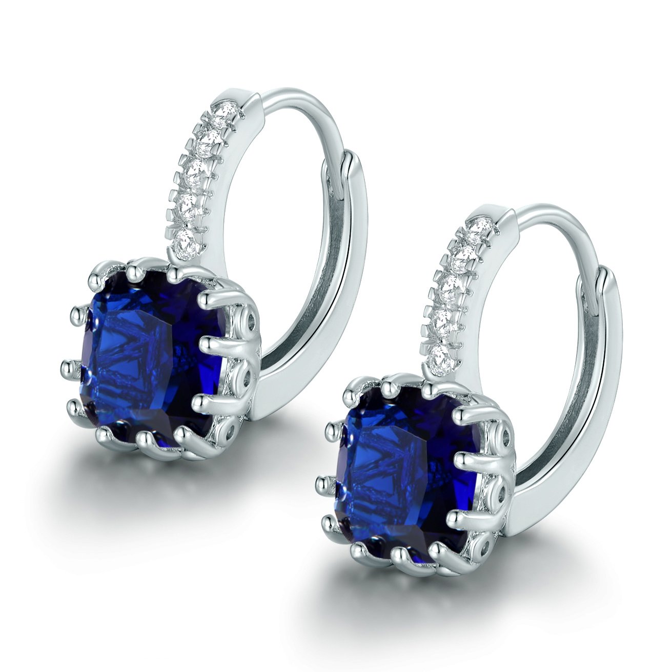 MASOP Princess Shape Birthstone September Sapphire Pieced 925 Sterling Silver Hoop Earrings for Women