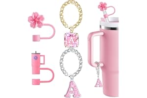 COO&KOO Straw Cover for Stanley Cup Accessories - Unique Crystal Letter Charms for Stanley Cups, Cute Flower & Cup Silicone Straws Topper Covers for 30 & 40 0z Tumbler with Handle, 10mm 0.4in Straw Lid Cap