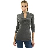 AmélieBoutik Women Slim Fit Sexy Casual Shawl Collar Faux Wrap Lace Up Long Sleeve Sweater