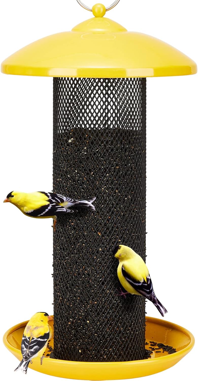 Backyard Birding & Wildlife - Kingsyard Metal Mesh Tube Bird Feeders for Outdoor Hanging, Finch Bird Feeder for Nyjer/Thistle Seed, 2.5 lbs Large Capacity (Yellow)