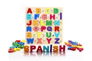 MAYAPHILOS Wooden Alphabet Puzzle, Learn Spanish for Kids with 27 Spanish Letters, Colorful ABC Shape Puzzles for Kids, Preschool Educational Learning Toys for Girls and Boys