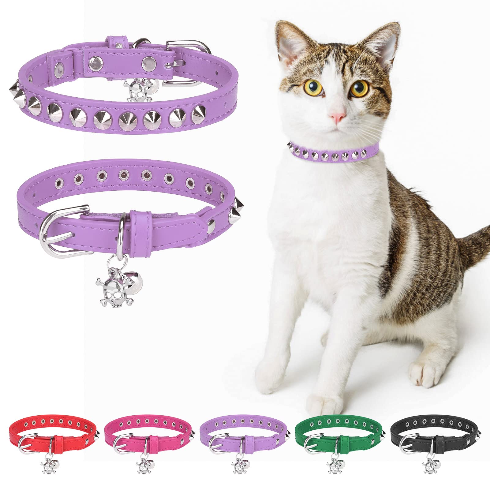 Leather Cat Collars for Boy Girl Cats with Bell and Safety Elastic Belt, Personalized Rivets Stud Adjustable Safe Buckle Collar with Skull Charm for Kitty Small Pets, Purple