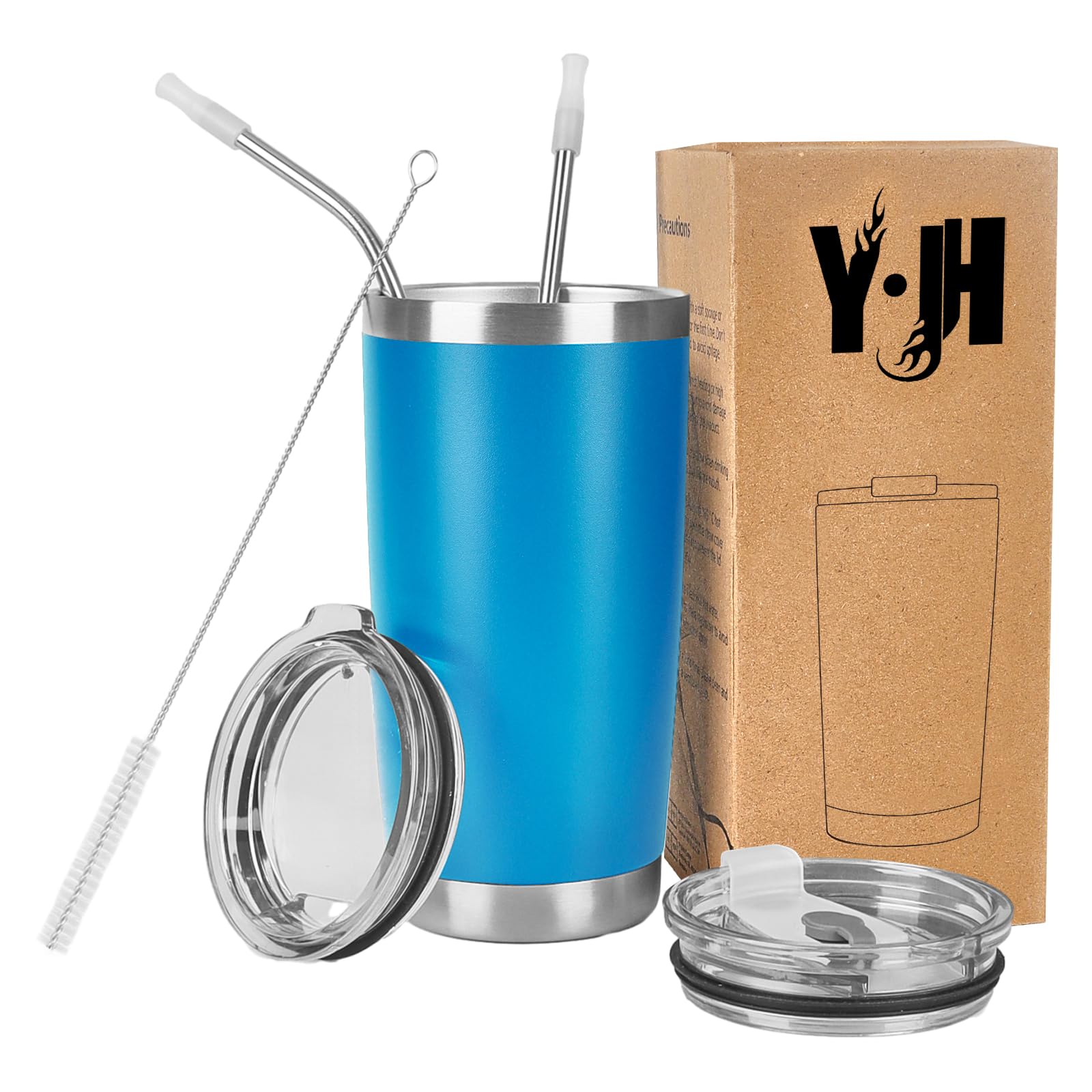 Y·J&H 20oz (550ml) Travel Tumbler Double Wall Vacuum Insulated Coffee Mug Stainless Steel Coffee Cup with 2 Splash Proof Lid, 2 Straws & Free Cleaning Brush, BPA Free - Sky Blue