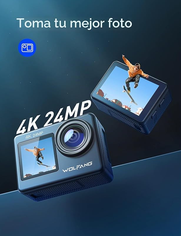 Câmera esportiva wolfang ga200 câmera de vídeo wifi de tela dupla 4k 24mp, câmera subaquática de 40m, grande angular de 170 °, controle remoto eis aprimorado, 2 baterias, carregador, vários acessórios